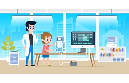 Handsome teacher help little boy with programming and creating smart robot. Courses at modern office classrom for kids. Vector illustration