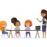 Happy girl scouts sitting at laptops and learning programming during lesson, smiling female troop leader standing near them. Concept of coding for children in scouting camp. Vector illustration.